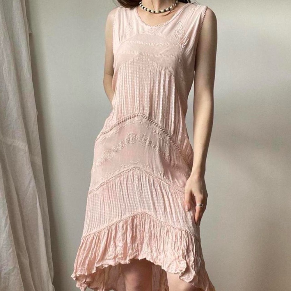 Vintage baby pink sleeveless dress back tie midi asymmetrical dress